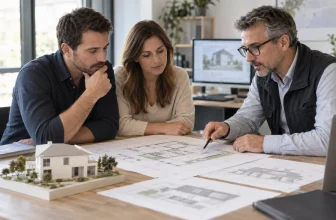 Un couple et un professionnel examinent des plans de maison et une maquette générique