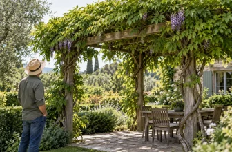 Un jardinier observe une glycine mature sur une pergola avec quelques grappes violettes