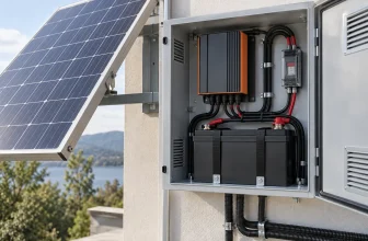 Un panneau solaire alimente un coffret protégé réunissant régulateur, fusible et batterie génériques