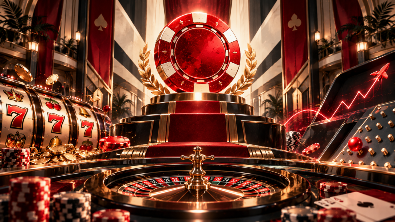Illustration de casino avec roulette, jetons rouges et machine à sous