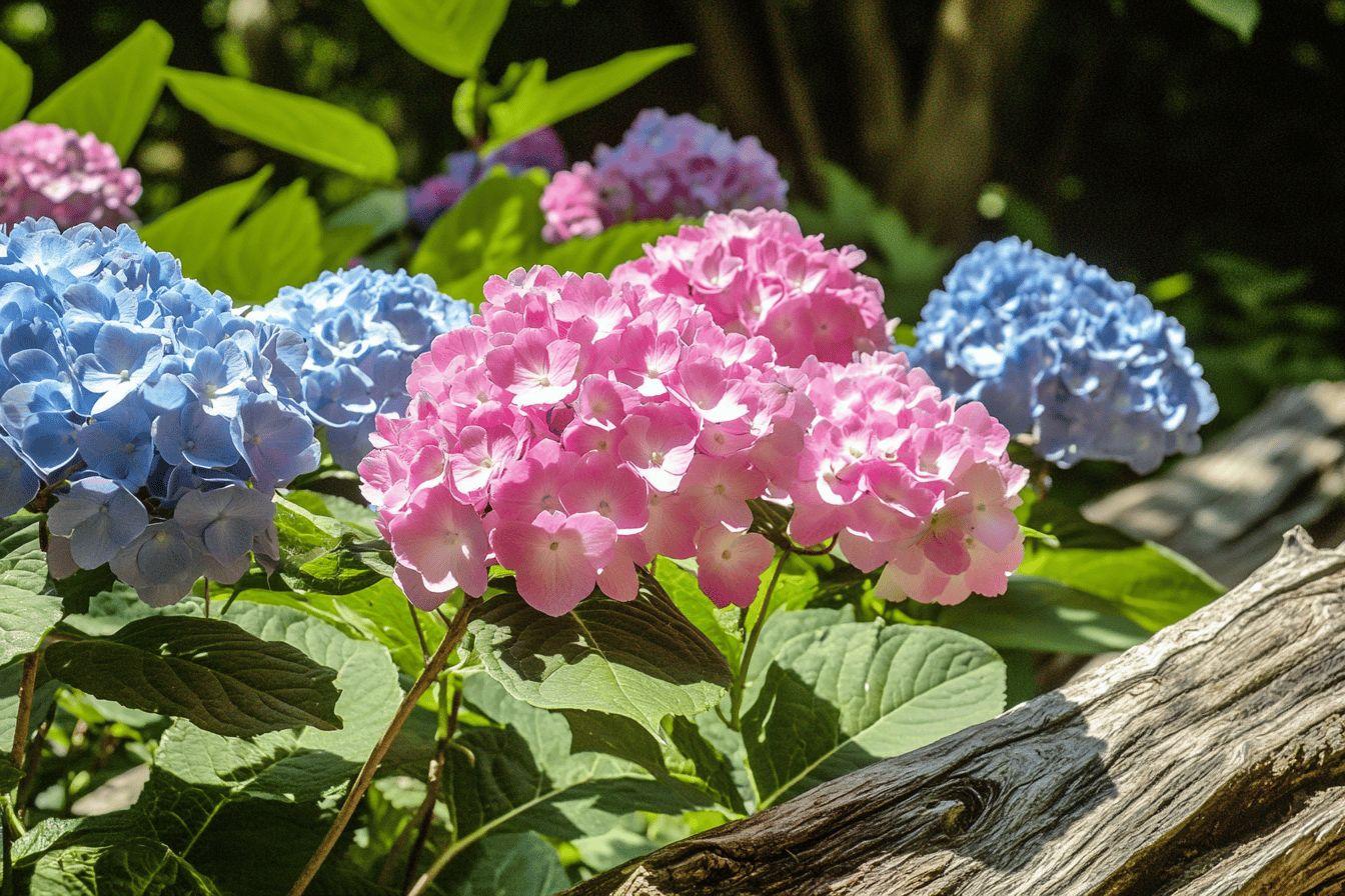 Massifs d’hortensias roses et bleus dans un jardin
