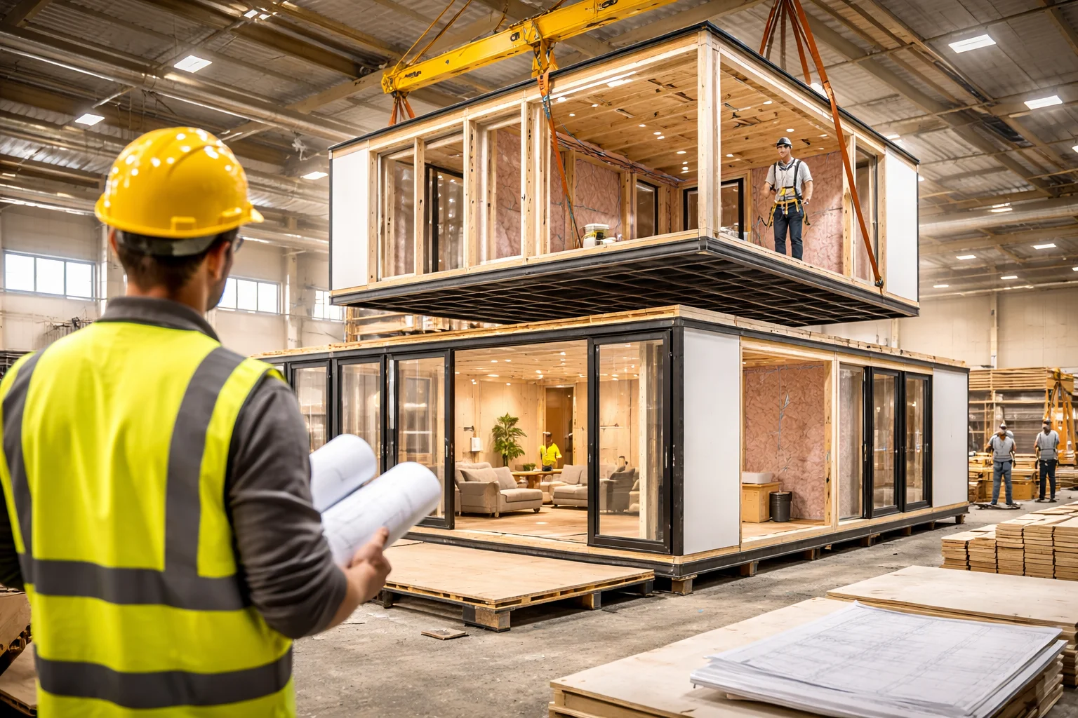Modules de maison en bois assemblés en usine par des professionnels équipés