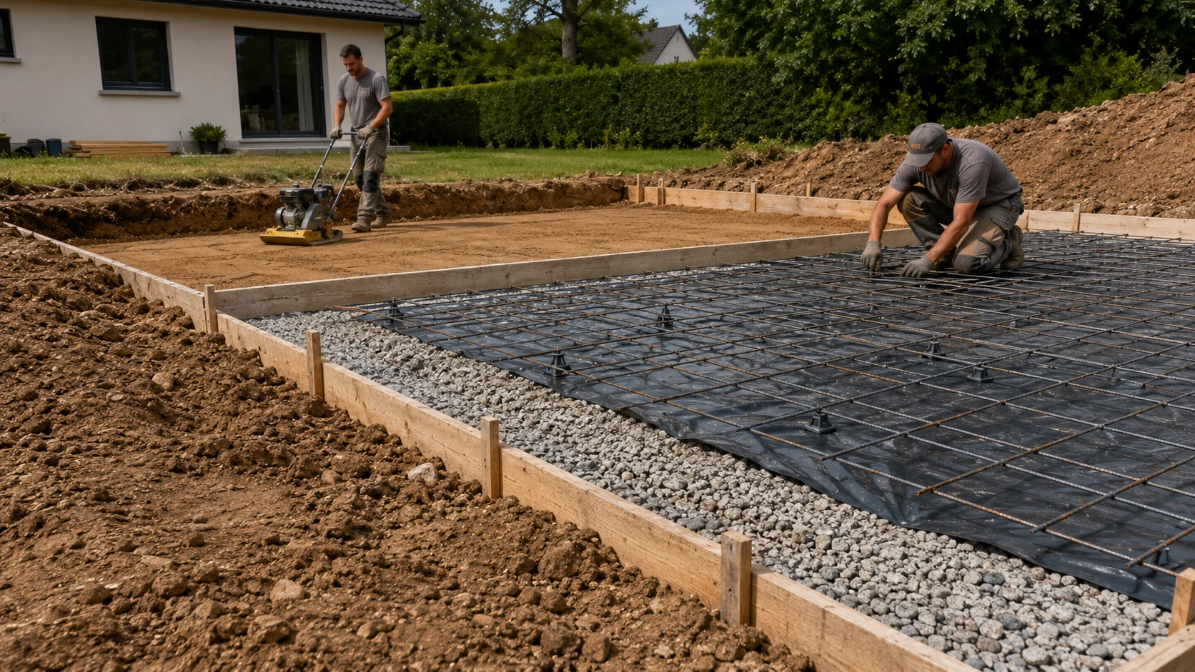 Ouvriers préparant et compactant un sol avant une dalle en béton