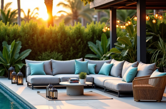 Salon d'extérieur gris et turquoise au bord d'une piscine au coucher du soleil