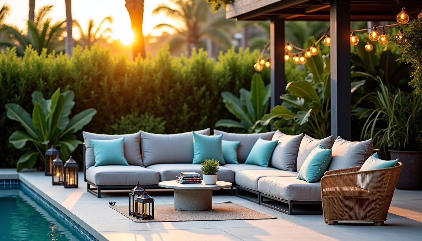 Salon d'extérieur gris et turquoise au bord d'une piscine au coucher du soleil