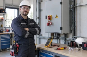 Un électricien équipé se tient devant un tableau consigné avec un multimètre posé à distance
