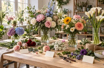 Plusieurs bouquets de fleurs variées sont disposés avec des fiches vierges dans un atelier