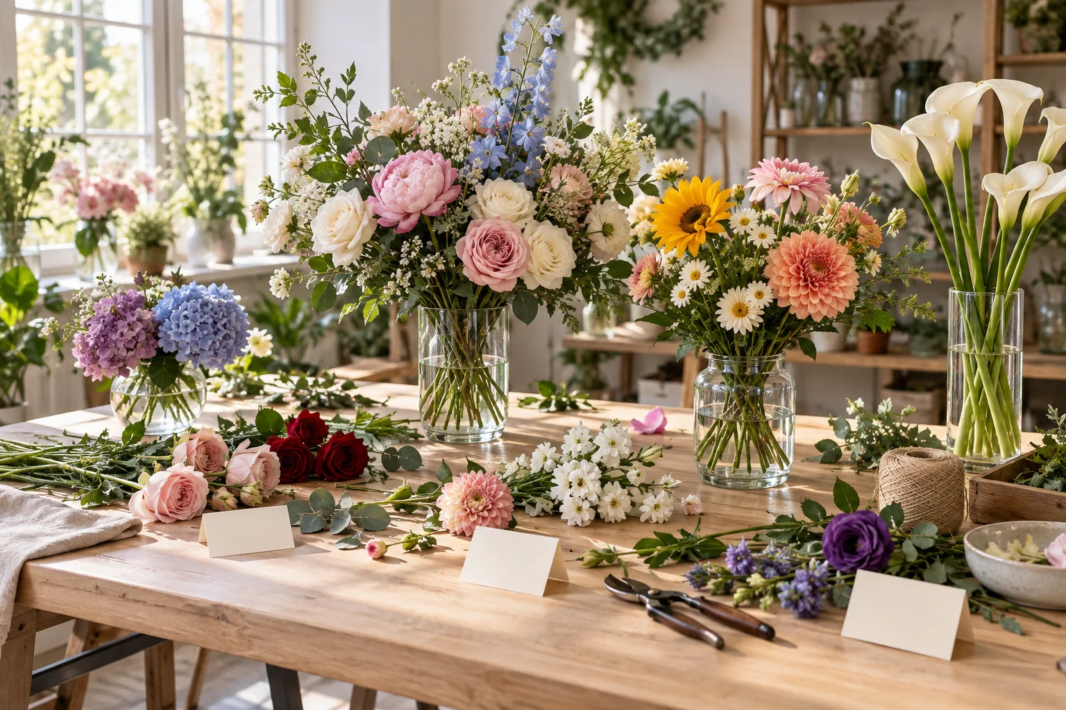 Plusieurs bouquets de fleurs variées sont disposés avec des fiches vierges dans un atelier