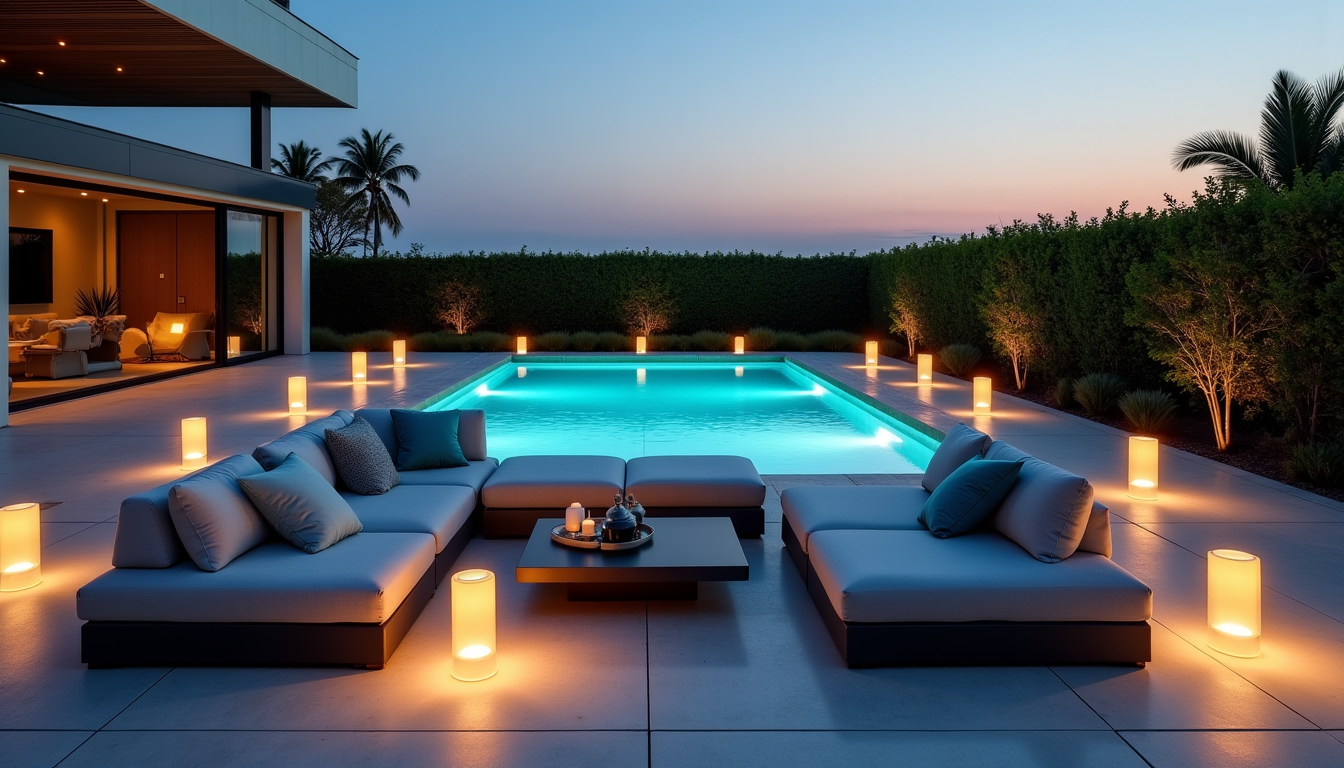 Terrasse de piscine le soir avec lanternes et salon d'extérieur