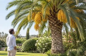 Un adulte observe à distance les inflorescences jaunes d’un palmier mature