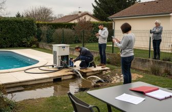 Technicien intervenant sur une fuite près d’une piscine en présence des occupants