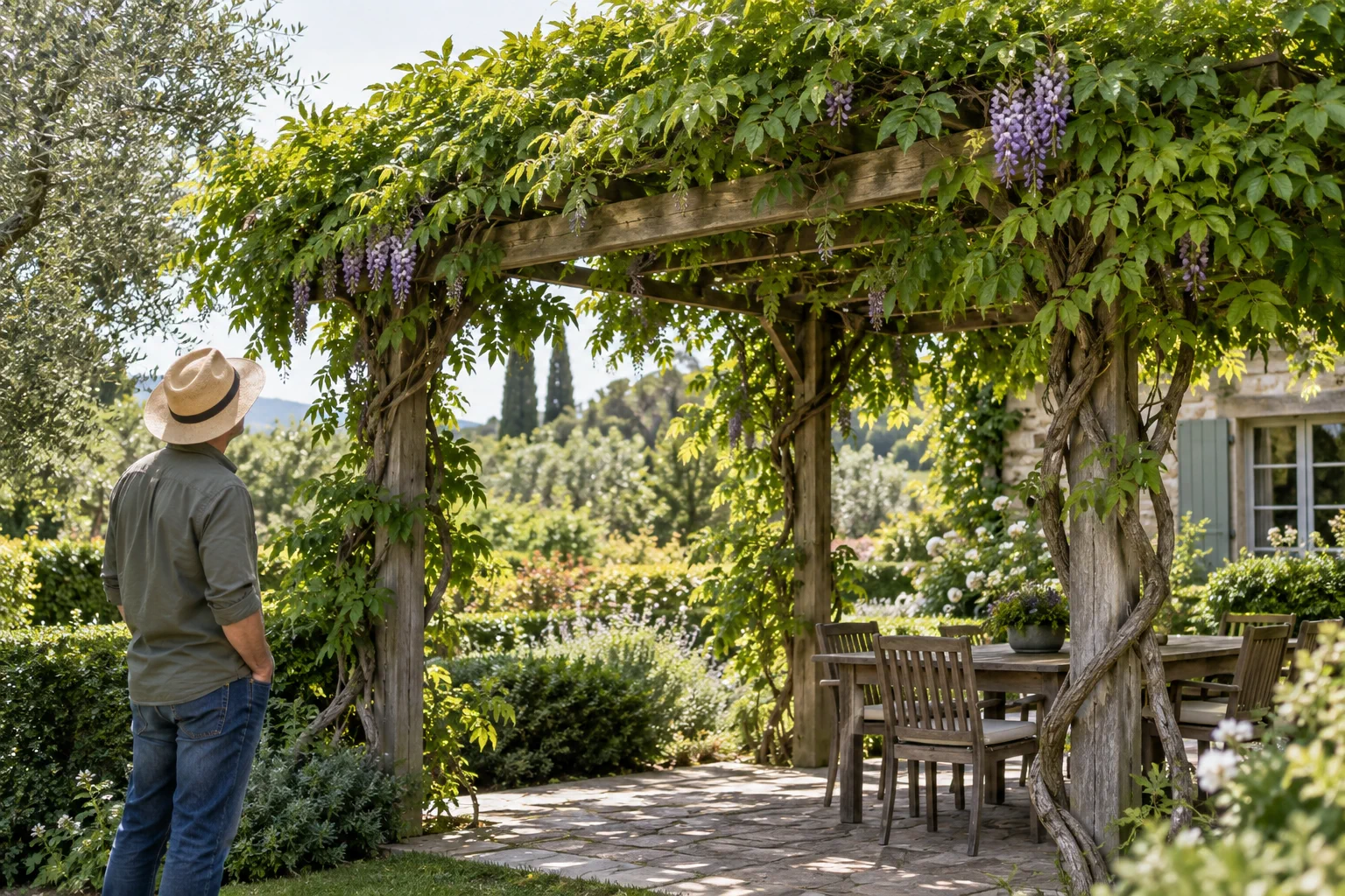 Un jardinier observe une glycine mature sur une pergola avec quelques grappes violettes