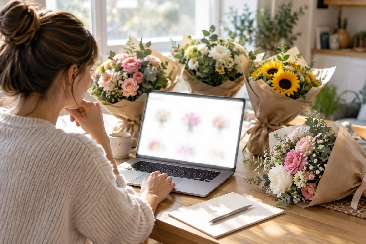 Une personne compare plusieurs bouquets devant un écran volontairement illisible