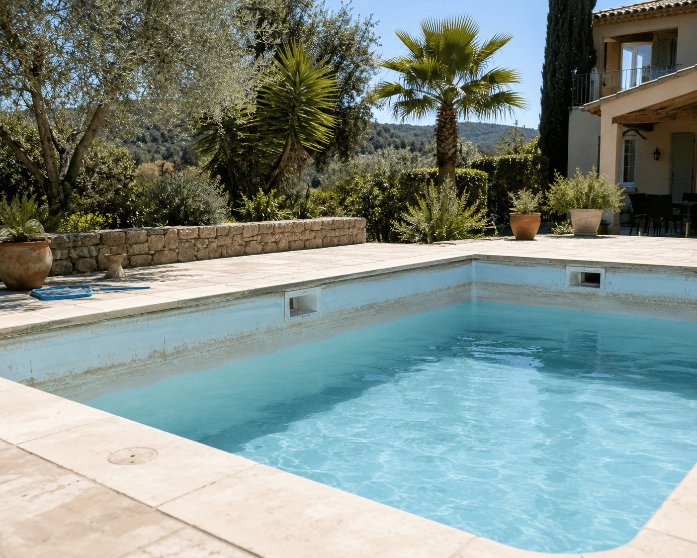 Ancienne piscine présentant des marques d’usure sur ses parois